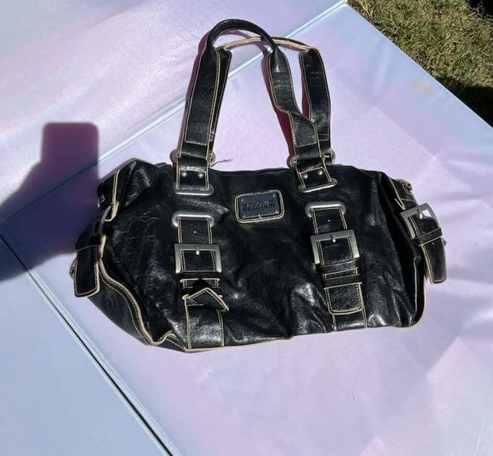 Kenneth Cole Reaction Black Faux Leather Buckle Shoulder Handbag
